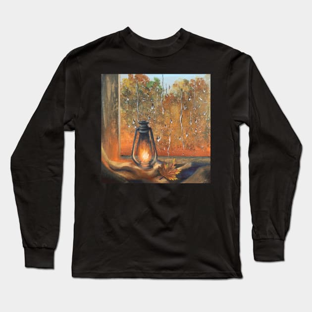 Aesthetic Orange Autumn Foliage Fall Leaves Trees Lantern Rainy Window Rain Long Sleeve T-Shirt by Tina